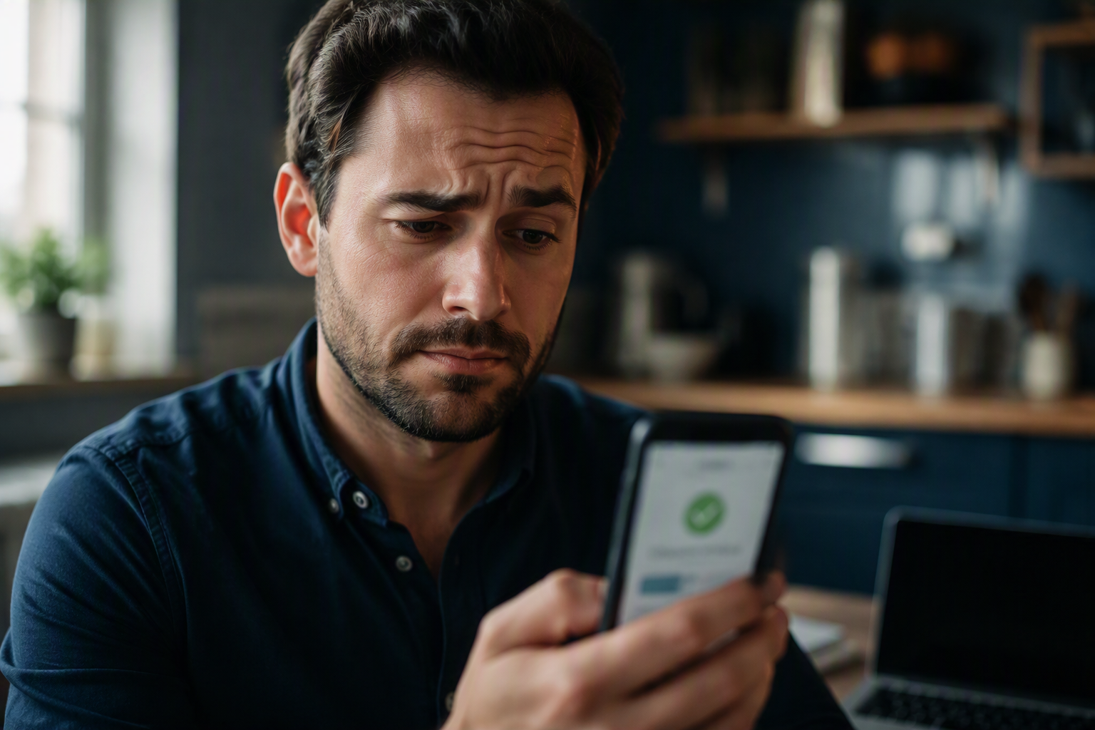 A seller on their phone, looking skeptically at a payment confirmation screenshot from a buyer