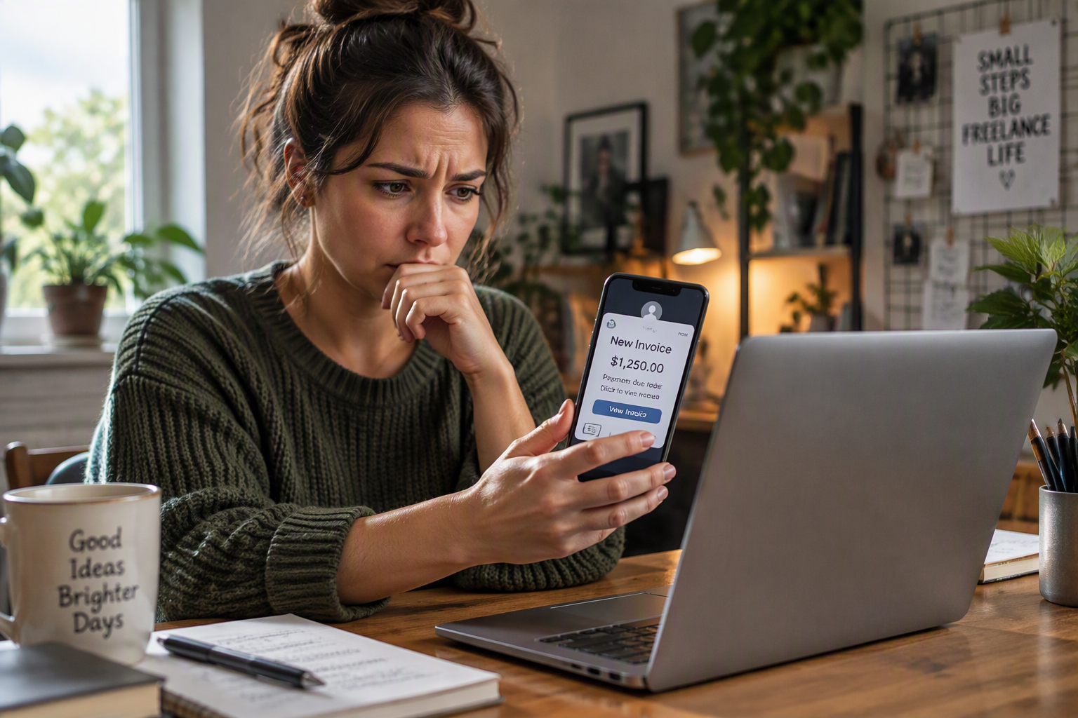 A freelancer reviewing a suspicious invoice request on their phone at a home office desk.