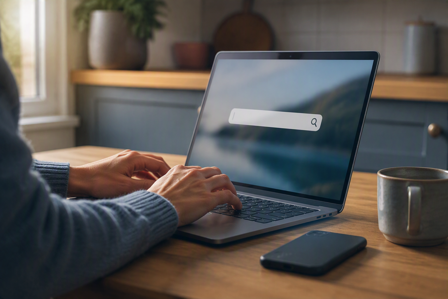 Person's hands typing on a laptop with a blurred search bar, a phone resting face-down beside a coffee mug
