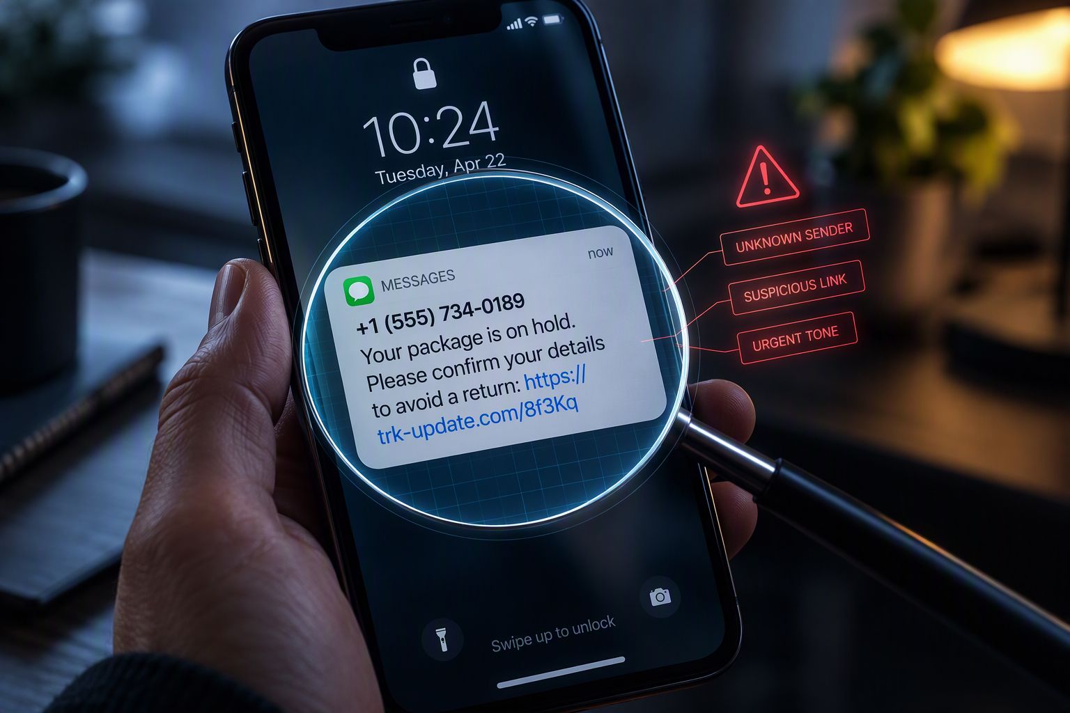 A smartphone displaying a suspicious text message being checked for scam signals.